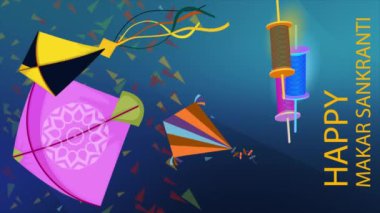 Makar Sankranti Magic: Yükselen Uçurtmalar, Parlak Renkler ve Neşeli Titreşimler, Uttarayana 'nın büyüsünü canlı bir video animasyonu ile deneyimleyin. Derinlemesine tasarlanmış ve mavi gökyüzünde süzülen renkli uçurtmaları içerir..