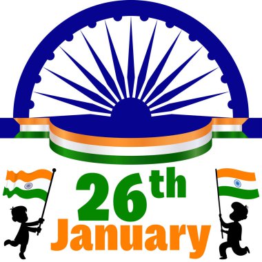 Bu Cumhuriyet Günü vektörü çocukların bayrak sallamaları, Asoka çakrası ve üç renkli kurdele sallamalarıyla birleşme sevincini yakalıyor. Cesur '26 Ocak' metni vatansever bir dokunuş ekliyor. 26 Ocak kutlamaları için ideal.!