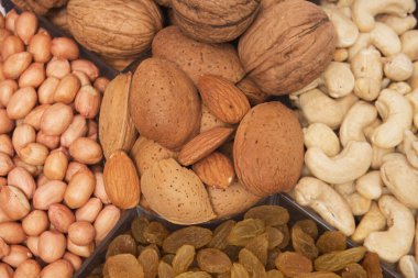 Besin Uyumu: Çeşitli Cevizler ve Kurutulmuş Meyveler Gösterimi, Bu resim çeşitli taze fındık ve kurutulmuş meyveleri güzel bir şekilde yakalar. Kabuklarında ceviz ve badem var.