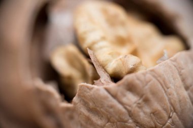 Altın Lezzet: Doğal Kabuklara Yuvalanmış Cevizlerin Yakın Çekimi, kabuklarına yerleştirilmiş bu ceviz yakın çekim ile doğanın ham güzelliğini deneyimleyin. Görüntü karmaşık dokuları yakalar