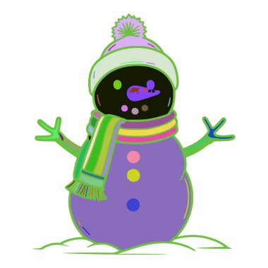 Kardan adam şapka takıyor. Şapka yeşil ve üzerinde mor bir ponpon var. Boynunda bir eşarp var. Atkı yeşil, sarı ve pembe. Kollarını açmış, ayakta duruyor..