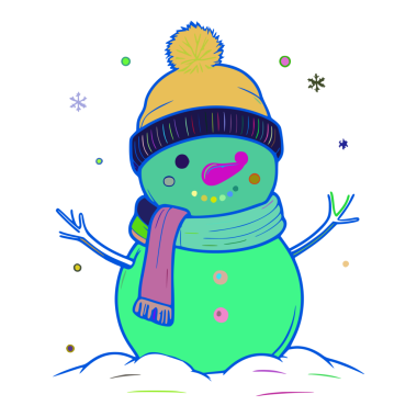 Kardan adam şapka ve eşarp takıyor. Şapka siyah şeritli sarı. Eşarp mor. Kardan adamın başının etrafından kar taneleri düşüyor..