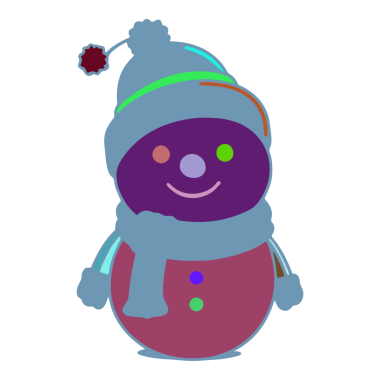 Bir kardan adam yeşil çizgili mavi bir şapka giyiyor. Onun yüzünde mor bir gülümseme var. O, elinde kırmızı bir top tutuyor. Topun altında üç yeşil nokta var..