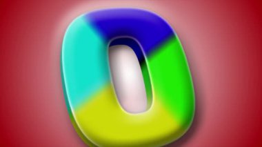 Renkli 3D harf 'O' animasyonu yumuşak kırmızı bir gradyan üzerinde dönüyor, markalaşma, video ve tasarım ögeleri için ideal.