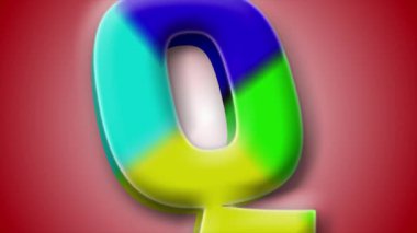 Keskin dinamik açıları ve canlı renk değişimleri olan 3 boyutlu 'Q' harfi görsel etki için kırmızı bir gradyan tarafından desteklenmektedir..