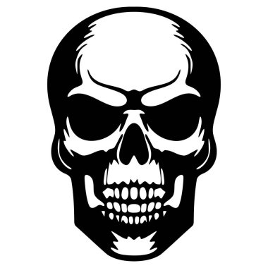 Minimalist Şeytan Kafatası Şablonu - Eğri Boynuzlu Siyah ve Beyaz Vektör ve Dövmeler, Posterler ve Gotik Temalı Çizimler İçin Boş Gözler