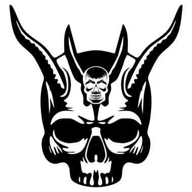 Boynuzlu Kafatası Kalıbı - Şeytan Kafatası 'nın Simetrik Siyah ve Beyaz Vektörü Dövmeler, Logolar ve Karanlık Tasarım Temaları için Spiral Boynuzları