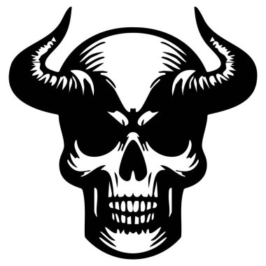 Sivri boynuzlu bir kafatası düz beyaz bir arkaplan üzerine kurulmuş..