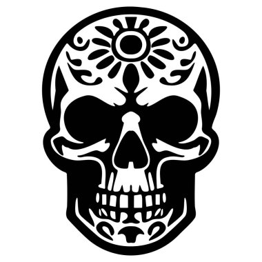 Ölü Kafatası Çıkartmasının Renkli Günü 'nde canlı bir arka plana karşı karmaşık kafatası siluetleri yer alıyor..