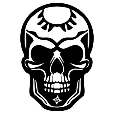 Kafatası silueti içeren siyah ve beyaz tasarım.