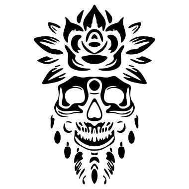 Yaşamla ölüm arasındaki zıtlığı sembolize eden, tek bir çiçekle süslenmiş bir kafatası silueti..