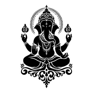 Siyah-beyaz Ganesha silueti meditasyonda, kutsal motiflerle süslenmiş ve simetrik desenler ilahi lütfu yansıtıyor..
