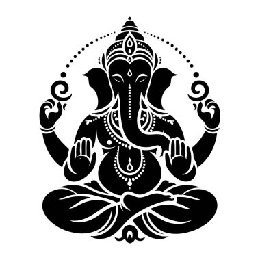 Lord Ganesha 'nın kalın siyah ve beyaz silueti simetrik desenler ve bilgeliği ve barışı simgeleyen kutsal motiflerle süslenmiş meditasyon pozisyonunda oturuyordu..