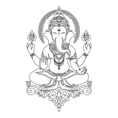 Lord Ganesha 'nın karmaşık çizgisi meditasyonda oturuyordu, ilahi enerji yayıyordu ve kutsal mücevherler ve halelerle süslenmişti geleneksel Hindu tarzında..