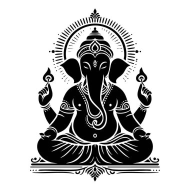 Meditasyonda oturan Ganesha 'nın minimalist siyah ve beyaz çizimi, süslü bir simetri ve ruhani sembolizm içeriyor..