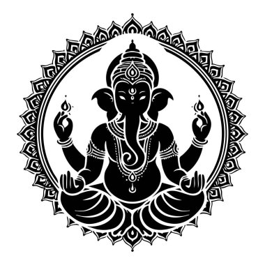 Simetrik desenler ve dinsel temalar bilgeliği ve huzuru simgeliyor. Lord Ganesha 'nın cesur siyah ve beyaz silueti meditasyonlu bir tavır içinde oturuyor..