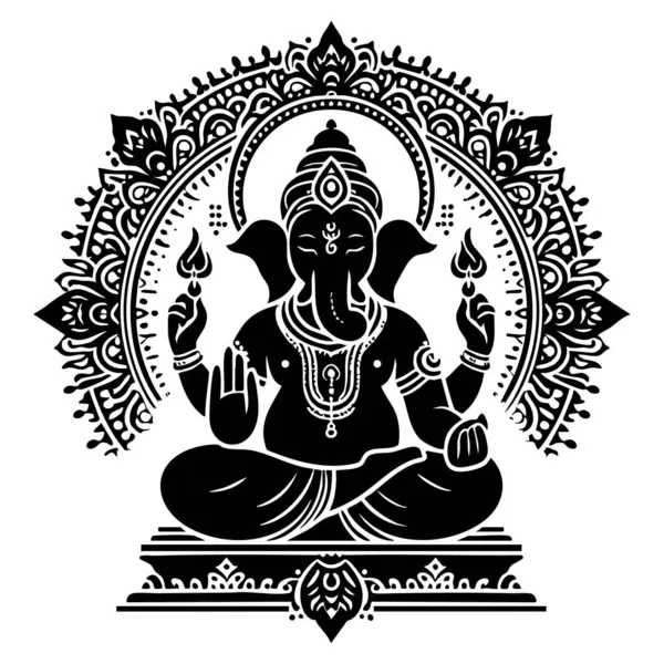 Lord Ganesha, siyah-beyaz cesur bir figür olarak görünür. Etrafı simetrik desenler ve barış ve bilgeliği simgeleyen kutsal sembollerle çevrili dalgın bir konumda oturur..