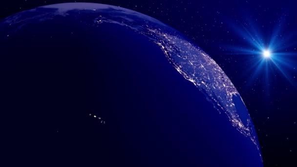 シームレスループで夜のアニメーションで現実的な地球 宇宙ステーションの背景からの地球の眺め — ストック動画
