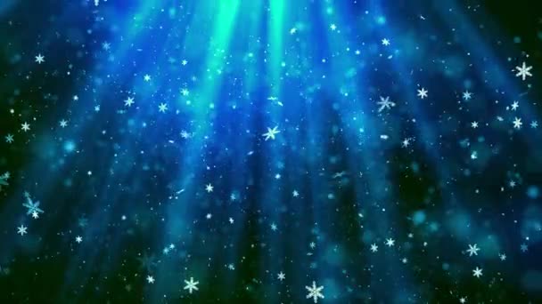 Weihnachtsthema Schneefall Und Schneeflocken Auf Himmlischen Strahlen Hintergrundanimation Mit Nahtloser — Stockvideo