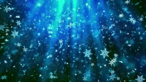 Kerstthema Sneeuwval Sneeuwvlokken Hemelse Stralen Achtergrond Animatie Met Naadloze Lus — Stockvideo