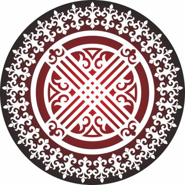 Kırmızı vektör, Kazak süsü shanyrak. Yurdun çatısında çember oluşturun. Büyük bozkırın insanlarının desenleri. Çember halinde Asya sınırı. Moğolistan, Kalmykia, Bashkiria, Buryatia, Kırgızistan.