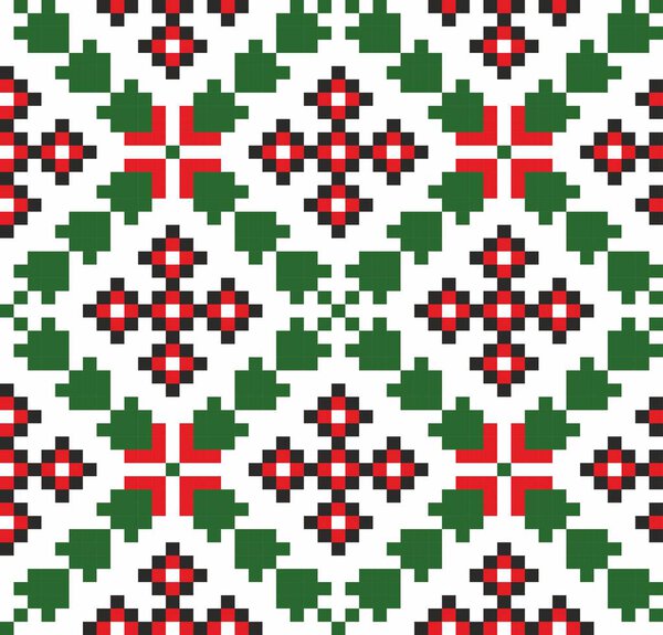 Vector colored seamless Ukrainian national ornament, embroidery. Endless ethnic floral border, Slavic peoples pattern. Red cross stitch.