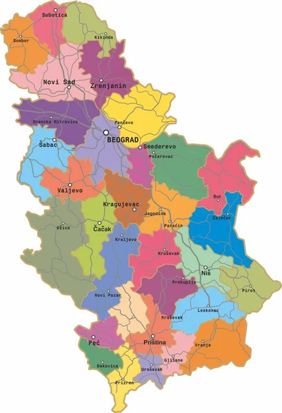 Wektorowa Mapa Administracyjna Serbii Terytorium Państwa Europejskiego Dużymi Miastami Granicami — Wektor stockowy