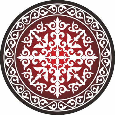 Kırmızı vektör, Kazak süsü shanyrak. Yurdun çatısında çember oluşturun. Büyük bozkırın insanlarının desenleri. Çember halinde Asya sınırı. Moğolistan, Kalmykia, Bashkiria, Buryatia, Kırgızistan.