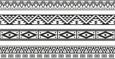 Kusursuz tek renkli Amerikan Yerlisi süslemelerinin vektör seti. Sonsuz etnik siyah sınırlar, Amerika halkları, Aztek, Maya, İnkalar. Kum püskürtme, entrikacı ve lazer kesme için