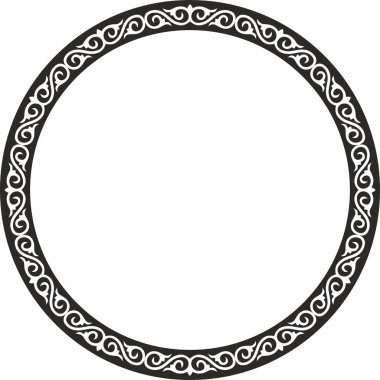 Vector round monokrom Kazak ulusal çerçevesi. Süs çemberi. Büyük Steppe, Kırgız, Moğollar, Beşir, Buryatlar, Kalmikler 'in göçebe halklarının etnik desenleri.