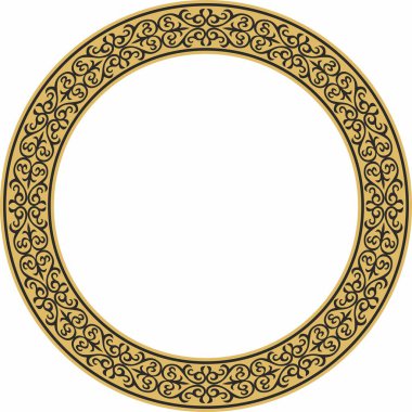 Vektör altın ve siyah Kazak ulusal yuvarlak desen, çerçeve. Asya 'nın göçebe halkları, Büyük Steppe, Kazaklar, Kirghiz, Kalmykler, Moğollar, Buryatlar, Türkler