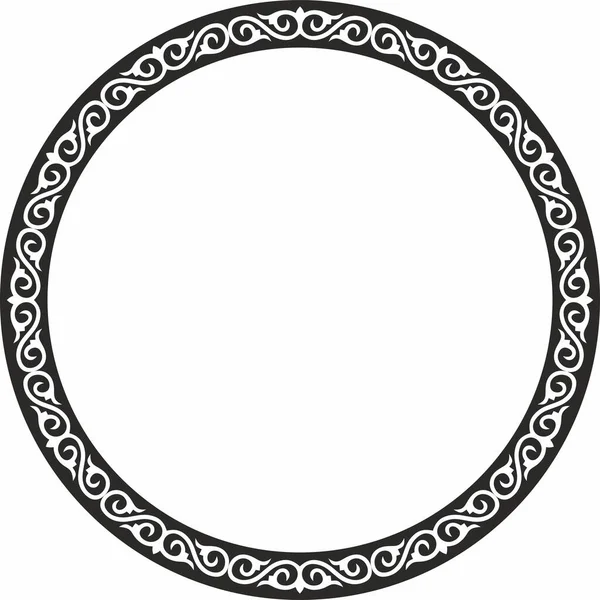Vector round monokrom Kazak ulusal çerçevesi. Süs çemberi. Büyük Steppe, Kırgız, Moğollar, Beşir, Buryatlar, Kalmikler 'in göçebe halklarının etnik desenleri.