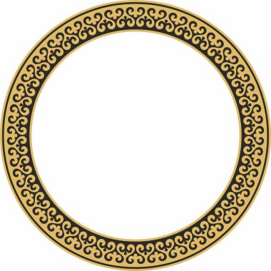 Vektör altın ve siyah Kazak ulusal yuvarlak desen, çerçeve. Asya 'nın göçebe halkları, Büyük Steppe, Kazaklar, Kirghiz, Kalmykler, Moğollar, Buryatlar, Türkler