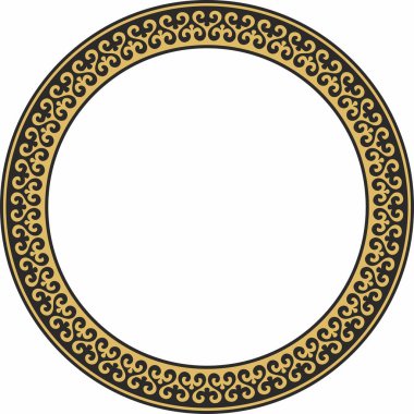 Vektör altın ve siyah Kazak ulusal yuvarlak desen, çerçeve. Asya 'nın göçebe halkları, Büyük Steppe, Kazaklar, Kirghiz, Kalmykler, Moğollar, Buryatlar, Türkler