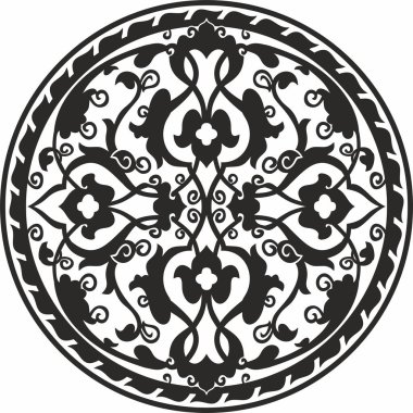 Vector round monokrom Arap ulusal süsü. Asya 'nın, Afrika' nın, İran 'ın, İran' ın, Irak 'ın bitmeyen sebze desenleri.