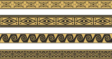 Vector set of gold and black native american ornamental seamless borders. Framework of the peoples of America, Aztecs, Maya, Incas