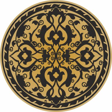 Vector gold and black arabic national round ornament. Ethnic circle, eastern and african peoples of asia, persia, iran, iraq, syria.