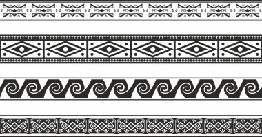 Kusursuz tek renkli Amerikan Yerlisi süslemelerinin vektör seti. Sonsuz etnik siyah sınırlar, Amerika halkları, Aztek, Maya, İnkalar. Kum püskürtme, entrikacı ve lazer kesme için