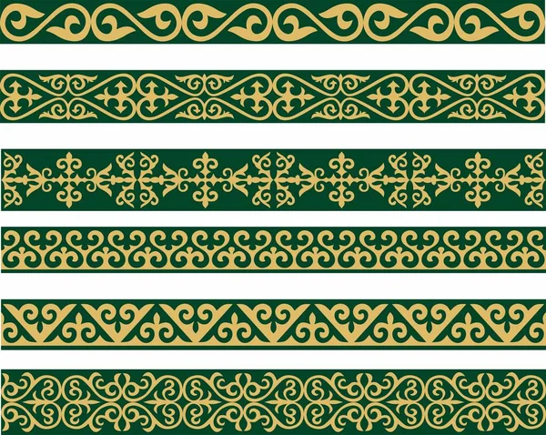 Set Vettore Oro Verde Ornamento Nazionale Kazako Senza Soluzione Continuità — Vettoriale Stock