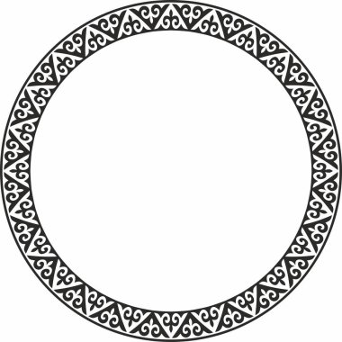 Vector monokrom Kazak ulusal yuvarlak desen, çerçeve. Asya 'nın göçebe halkları, Büyük Steppe, Kazaklar, Kirghiz, Kalmykler, Moğollar, Buryatlar, Türkler