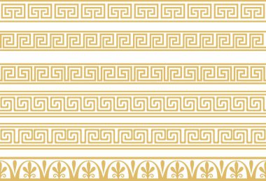 Bir grup vektörsüz Yunan klasik süsü. Bir sınır ve çerçeve için desen. Antik Yunan ve Roma İmparatorluğu. Sonsuz altın kıvrım