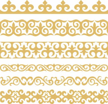 Set of vector gold seamless Kazakh national ornament. Ethnic pattern of the nomadic peoples of the great steppe, the Turks. Border, frame Mongols, Kyrgyz, Buryats, Kalmyks clipart