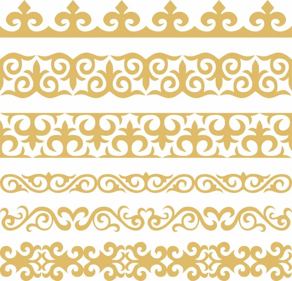 Set of vector gold seamless Kazakh national ornament. Ethnic pattern of the nomadic peoples of the great steppe, the Turks. Border, frame Mongols, Kyrgyz, Buryats, Kalmyks