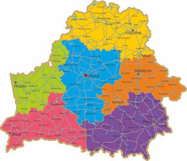 Beyaz Rusya Cumhuriyeti 'nin vektör rengi idari haritası. Büyük şehirleri ve bölge sınırları olan devletin toprakları.