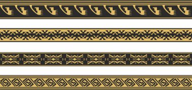 Vector set of gold and black native american ornamental seamless borders. Framework of the peoples of America, Aztecs, Maya, Incas