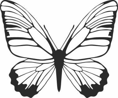 Vektör tek renkli kelebek. Büyük siyah kanatlı güzel böcek. Uçan bir böceğin çizimi. Kum püskürtme, lazer ve entrikacı kesme için uygun.