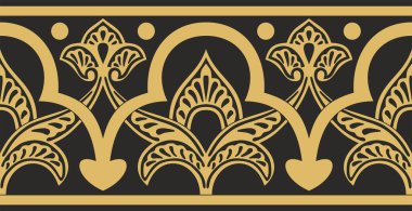 Vektör altın pürüzsüz doğu ulusal süsü. Sonsuz etnik çiçekli sınır, Arap insanları çerçeveli. Farsça resim.