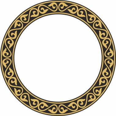 Vektör altın ve siyah Kazak ulusal yuvarlak desen, çerçeve. Asya 'nın göçebe halkları, Büyük Steppe, Kazaklar, Kirghiz, Kalmykler, Moğollar, Buryatlar, Türkler