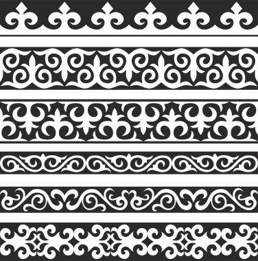 Bir dizi vektör monokrom dikişsiz Kazak ulusal süsü. Büyük bozkırın göçebe halklarının etnik düzeni, Türkler. Sınır, çerçeve Moğollar, Kırgız, Buryatlar, Kalmikler