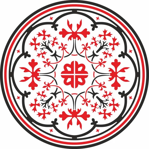 Векторный Круглый Классический Европейский Орнамент Красный Черным Цветочный Узор Круге — стоковый вектор